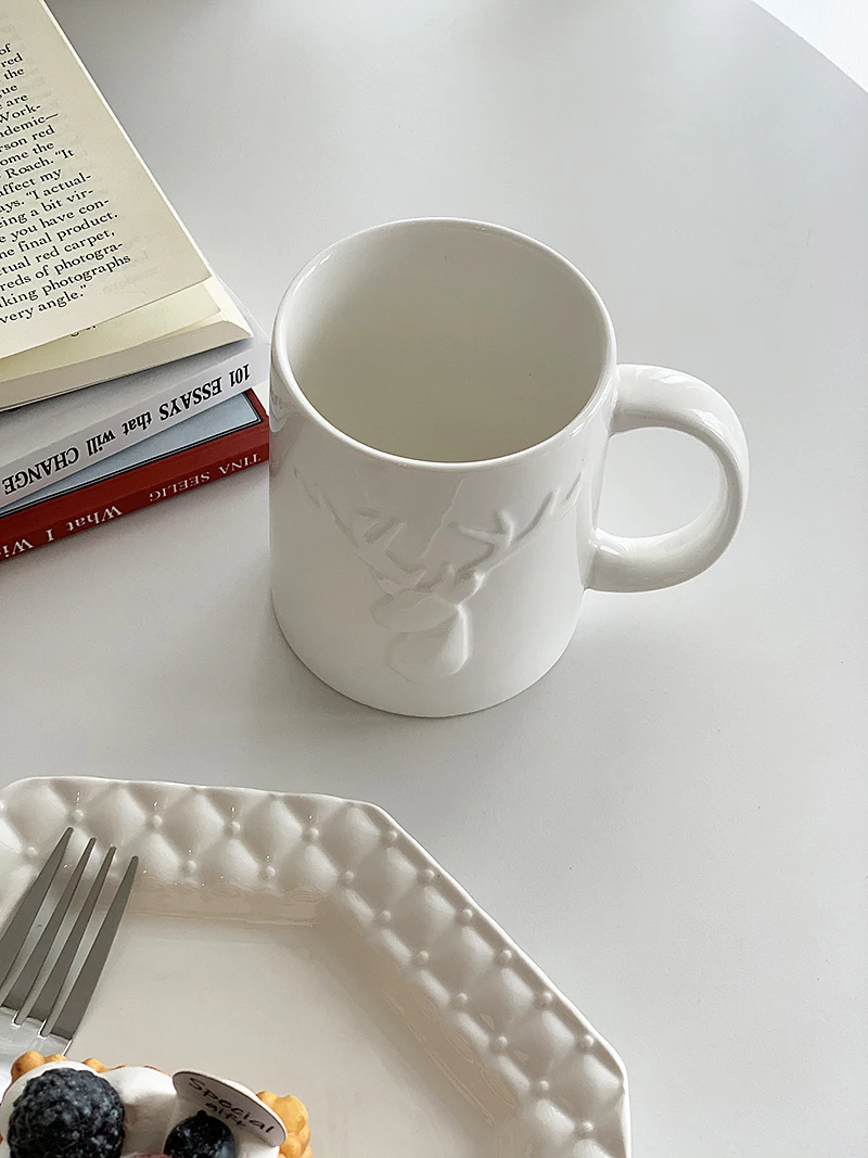 Nordic minimalist elk embossed pure white ceramic cups breakfast mugs home exquisite cups small fresh coffee cups.