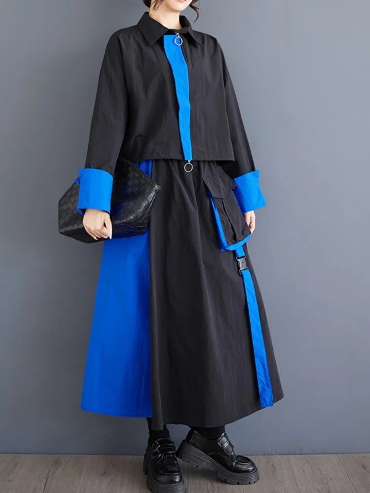 Autumn 2 Two Piece Set Oversized Women Casual Fashion Ladies Cropped Coats Elastic Waist Loose Pleated Woman Long A-Line Skirts