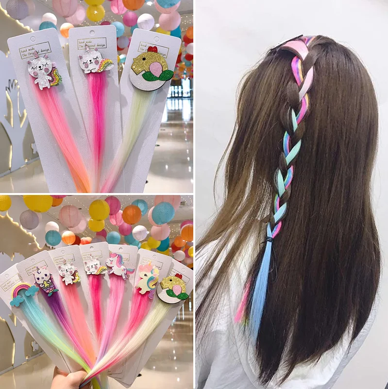 Children Hair Clips Barrettes Cartoon Animal Unicorn Colorful Wig Hair Accessories Girls Hairclip Fake Twist Braid Headdress