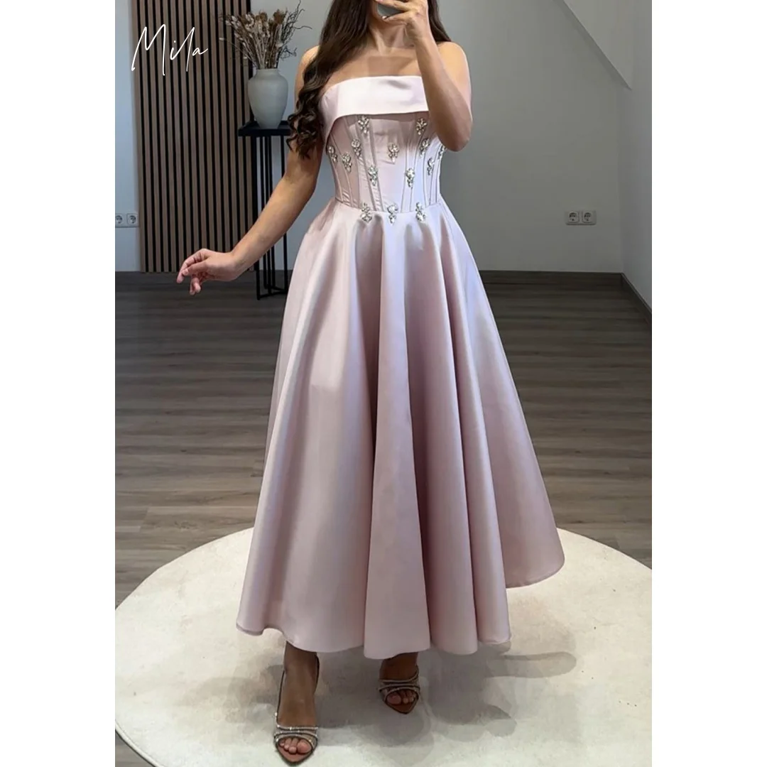 

Mila Blush Strapless Prom Dresses Beaded Corset Bodice Satin A Line Tea Length Skirt Customized Formal Evening vestidos de gala