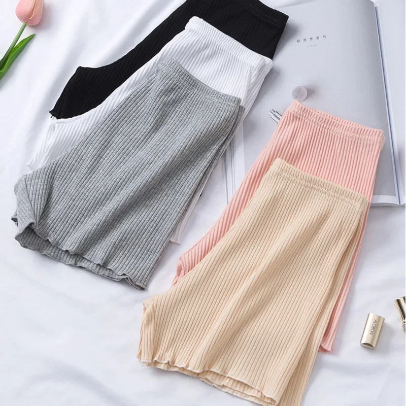 Ruffled Three-point Safety Pants Cotton Shorts Pants Women\'s Outer Wear Leggings Thread Ribbed Striped Stretchy Underwear Women