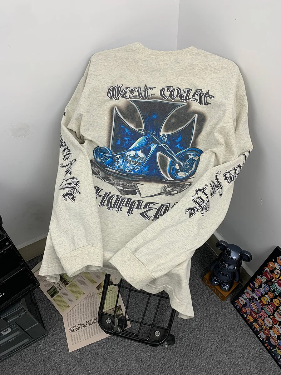 Retro High Street Weat Coast Cross Smoke Motorcycle Print Vintage Loose Long Sleeve Men's T-Shirt Cotton Casual Style Breathable