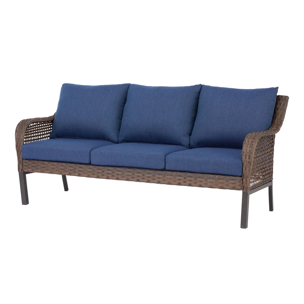 Tuscany Ridge Outdoor-Sofa aus Korbgeflecht für Terrasse, Veranda, Garten oder Hinterhof, blaue Gartensofas, dreisitziges Sofa