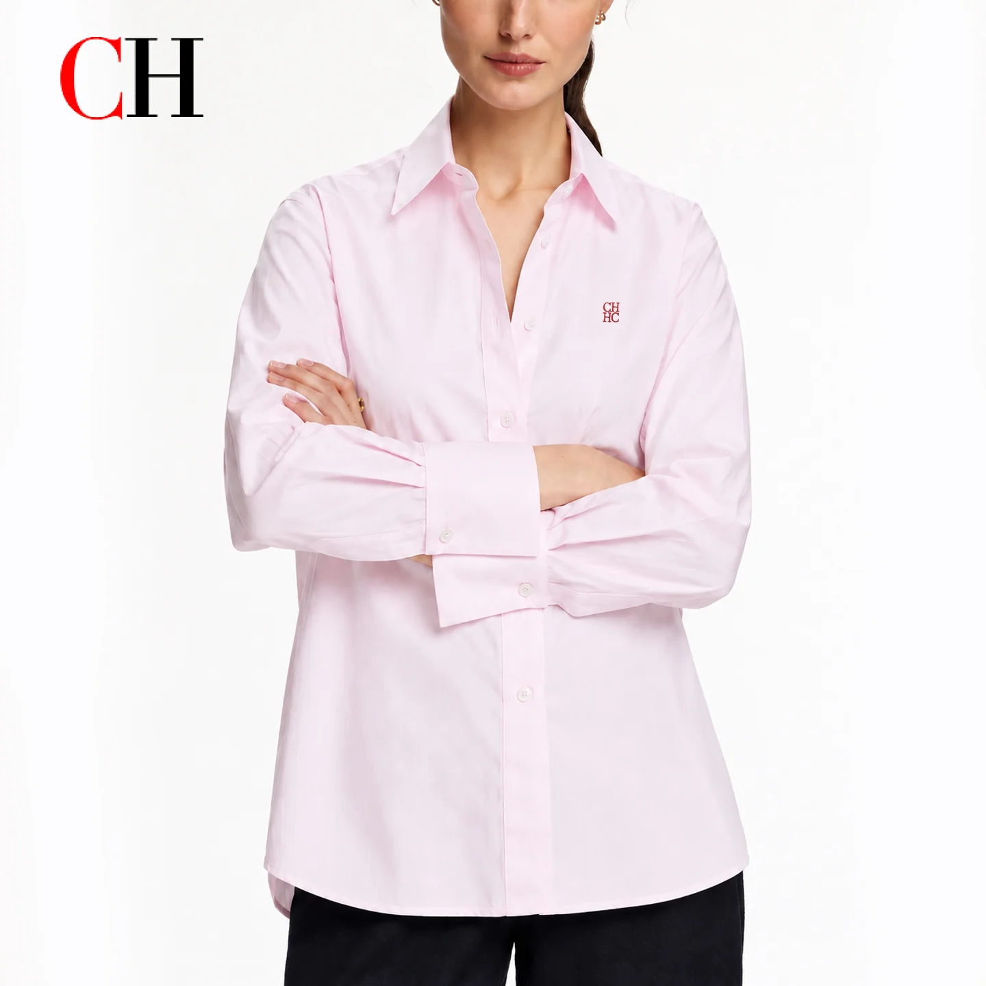 CH Women Pink Button Down Shirt Long Sleeve Blouse Casual Loose Fit Elegant Office Workwear Fashion Tops