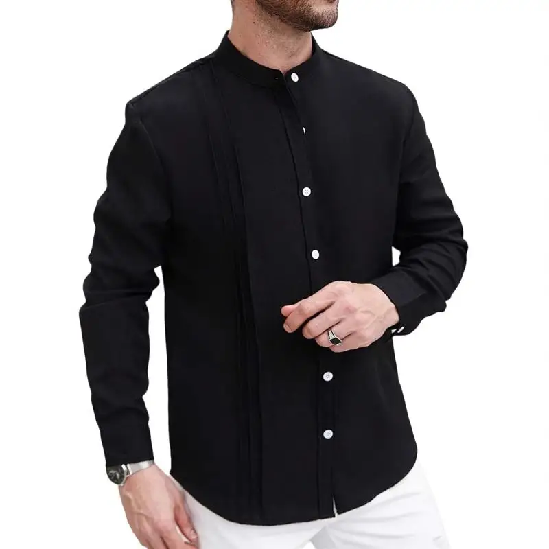 

Men's Long Sve Cardigan Pure Color Stripe Casual irt Jaet Stand Collar American Sle Spring New Arrival PU Leather