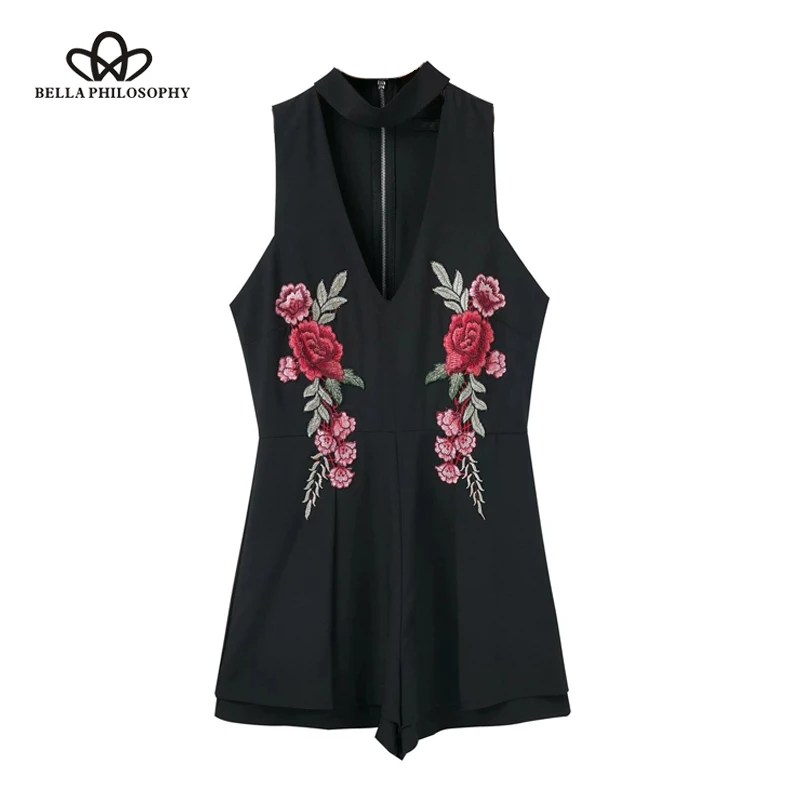 

Bella Philosophy Halter Elegant Jumpsuit Romper Hollow Out Embroidery Playsuit for Women Deep V Overalls Short Leotard