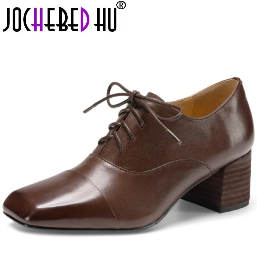 

【JOCHEBED HU】Womens Handmade Genuine Leather Soft comfortable Dress Work Basic Style Shoes Lace-Up Mid Heels Square Toe 34-40