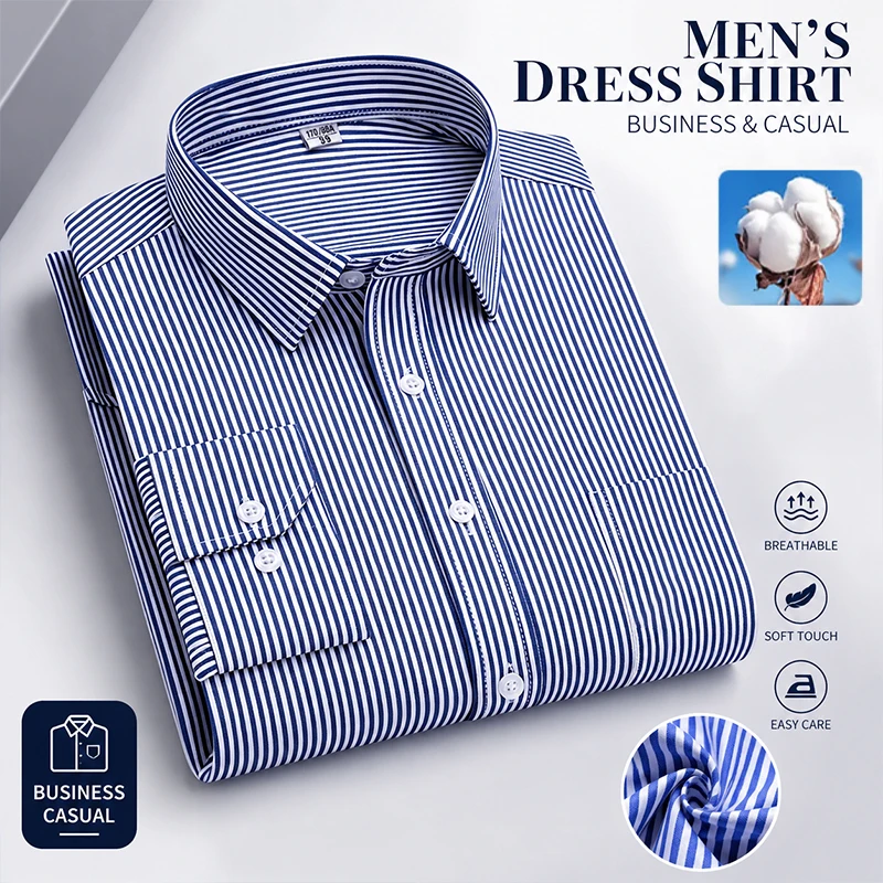 New In Shirts Men's Long-sleeve Striped Cotton Shirts Slim Fit Formal Polyester Shirt Single Pocket Office Fashion Male Clothes