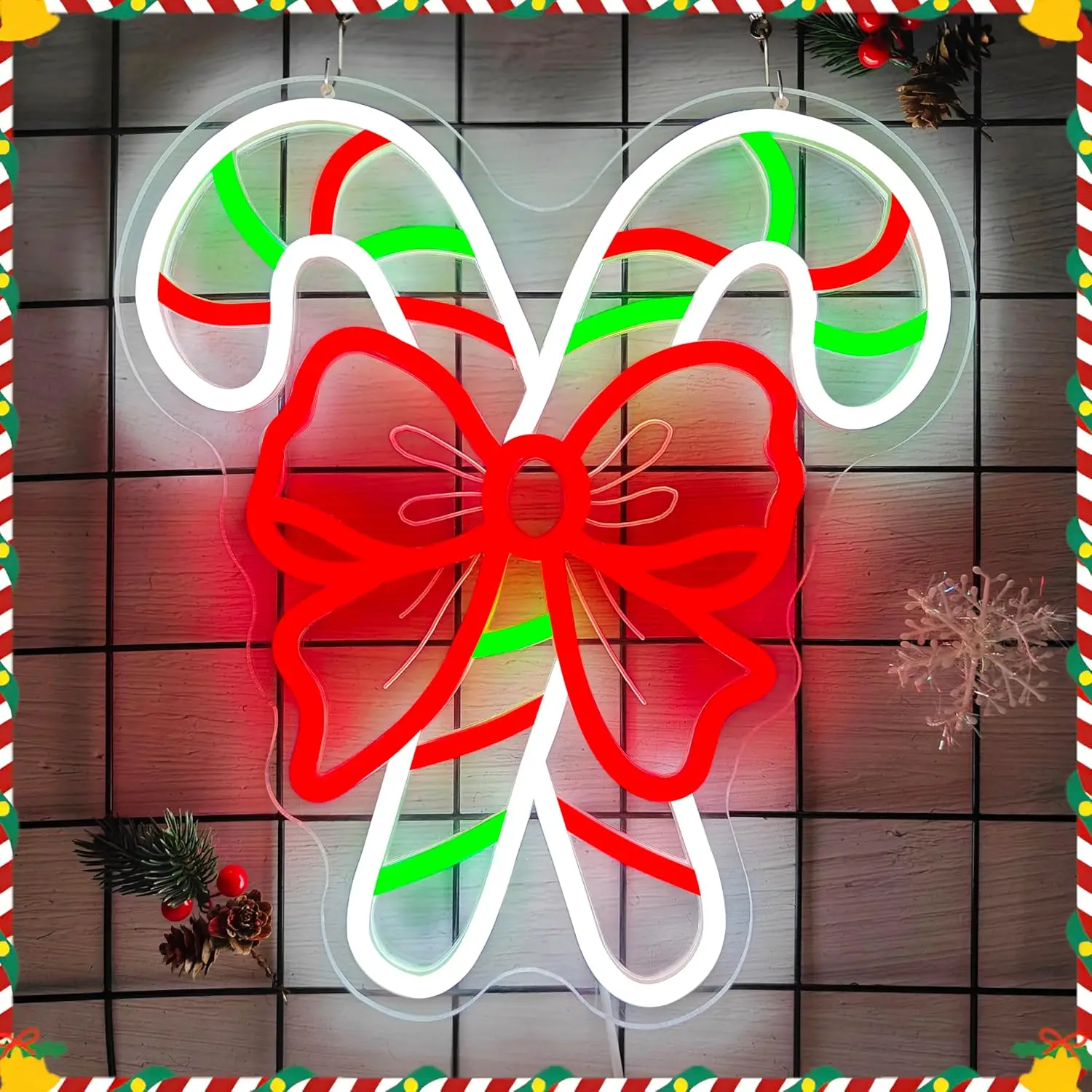 Insegna al neon natalizia Canna di zucchero dimmerabile Illumina bastoncini di zucchero con fiocco Decorazioni natalizie Decorazione da parete al neon natalizia per la casa