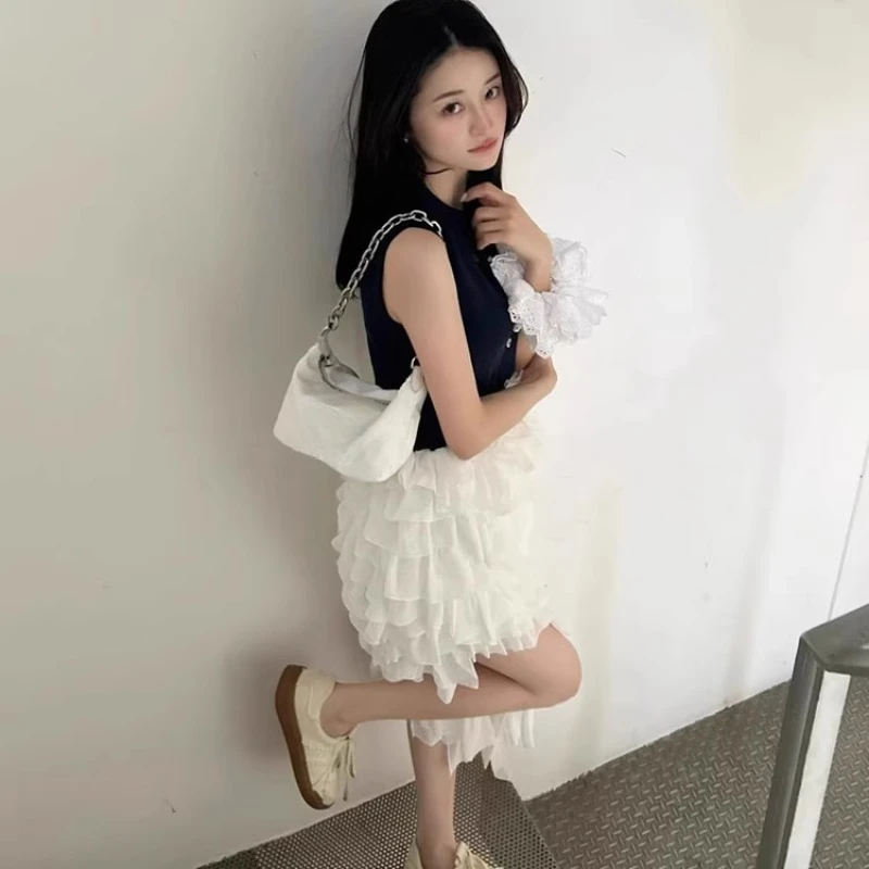 Japanese Rojita Style Irregular Hem Heavy Industry Frilly Long Cake Skirt Two-color Can Choose For Women's Mid Calf Sweet Skirts