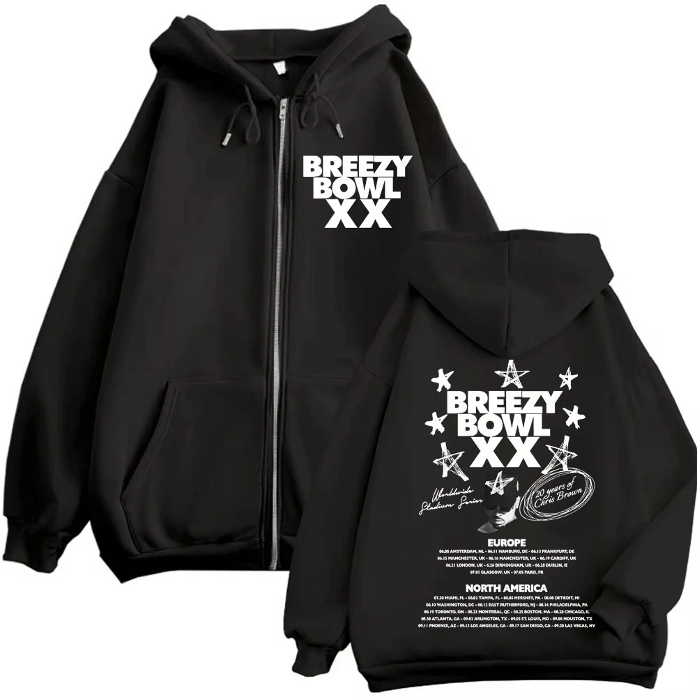 Chris Brown Breezy Bowl XX 2025 Tour Sudadera con capucha con cremallera tendencia Hip Hop Vintage chaqueta con cremallera abrigo hombres mujeres moda Casual jerseys