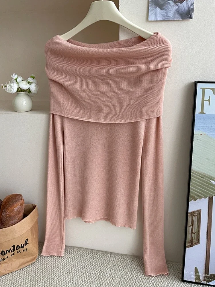Donna autunno sexy slash neck morbido solido pullover sottile semplice maglione lavorato a maglia a maniche lunghe dolce streetwear top solidi vestiti Y2k