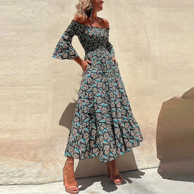 

Сексуальное пляжное платье с открытыми плечами и вырезами, винтажный принт, с завышенной талией, летнее повседневное платье с коротким рукавом и карманами в богемном стиле