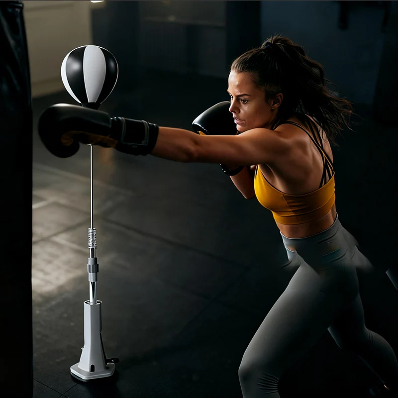 Black and White Striped PU Leather Inflatable Standing Boxing Speed Ball - A Professional Fitness Equipment with 360° Rotating