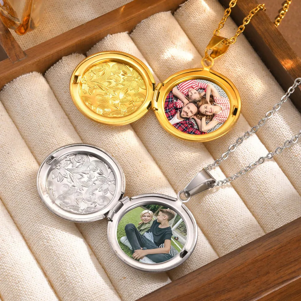 Vnox Free Custom Photo Frame Pendant Necklaces, Round Pendant Holds Image Picture, Love Memorial Locket Necklaces Gift for Women