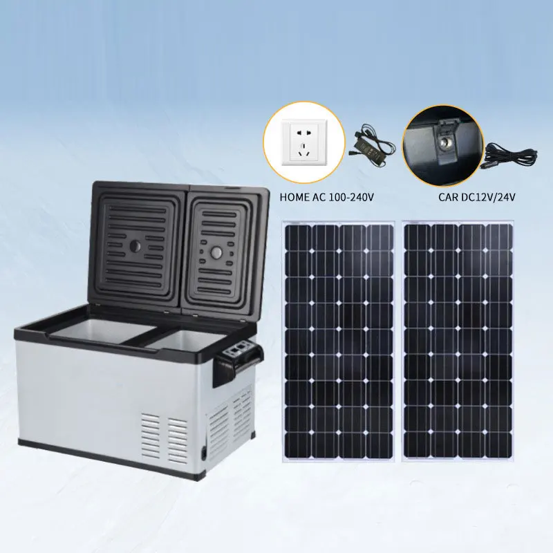 Dual Temperature System, Refrigerator and Freezer, 12V/24V Car Freezer Camping Cooler Box Solar-powered Car Refrigerator with