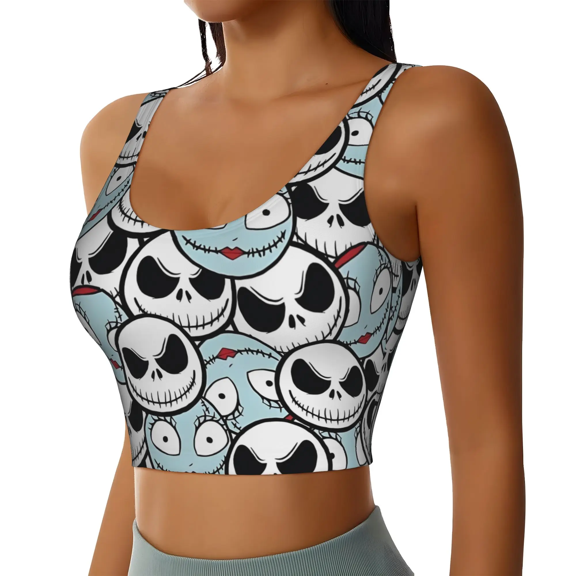 Custom Women Skellingtones Skull Sports Bras Halloween Horror High Impact Gym Workout Running Crop Tank Tops