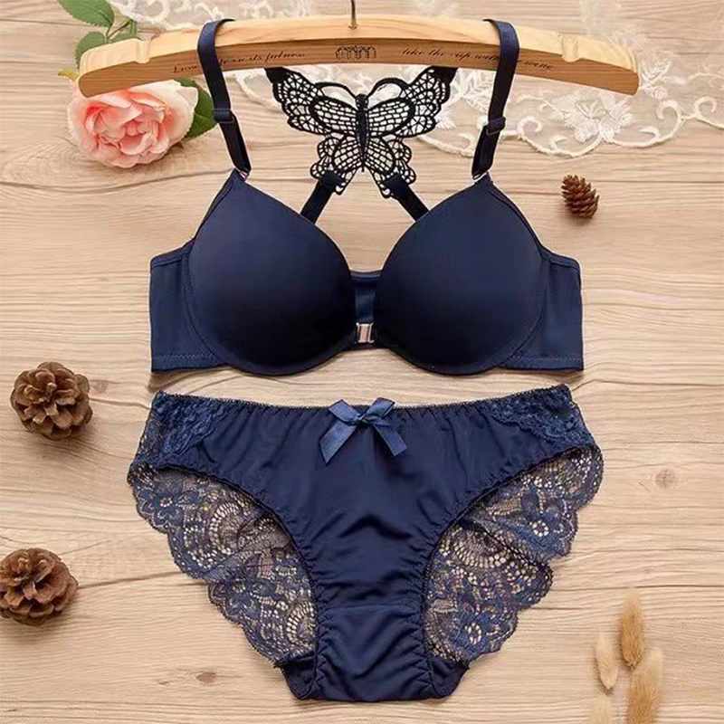 1 Piece Lace Stitching Bra Panties Front Buckle Push Up Bra Scallop Trim Panties Lingerie Set, Women\'s Lingerie Underwear