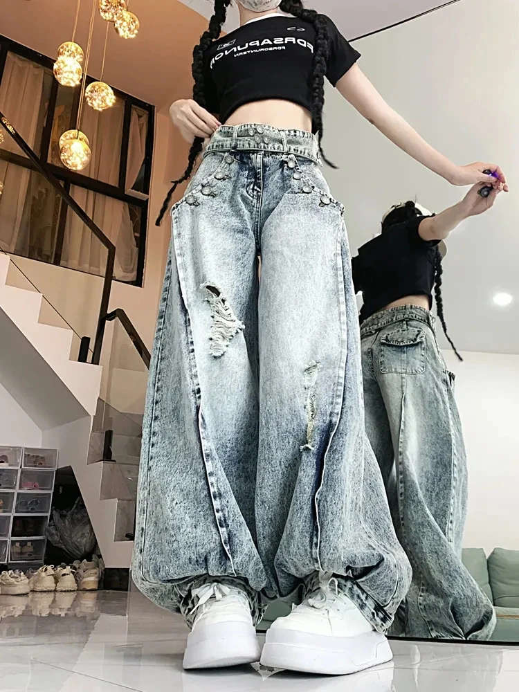 กางเกงยีนส์ขากว้างสไตล์อเมริกัน Y2K ขาดๆ สำหรับผู้หญิง ฤดูใบไม้ร่วง เอวสูง สตรีทแวร์ ทรงหลวม กางเกงเดนิม Y2K ฮิปฮอป กรันจ์ บลูมเมอร์ส กางเกงขายาว รุ่นใหม่