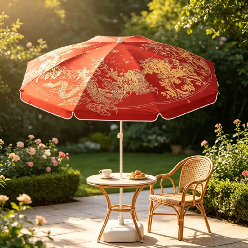 Vintage Large Outdoor Patio Umbrella Chinese Dragon Phoenix Pattern Waterproof Sun Shade Umbrellas Leisure Decorative Parasol