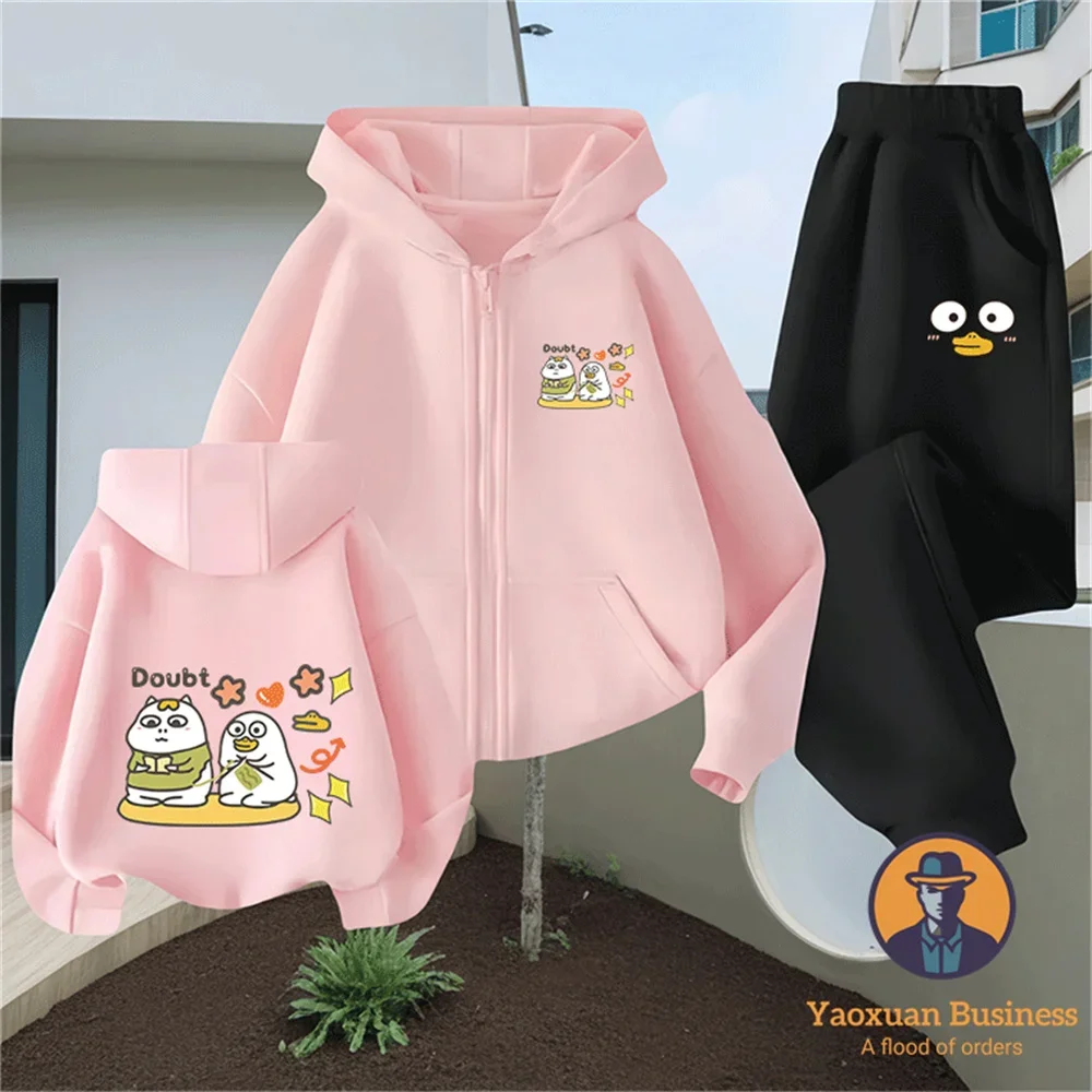 

2026 Outdoor Autumn Winter Boys Girls Zipper Tracksuit Pure Cotton Little Liu Duck Art Graphic Print