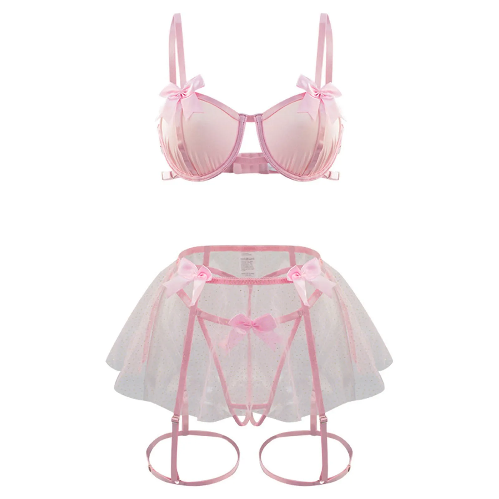 Lingeries Pink Embroidery Transparent Set 3-Pieces Exotic Intimate Hard Women Bowknot Garter Belt With Stockings Underwear Set