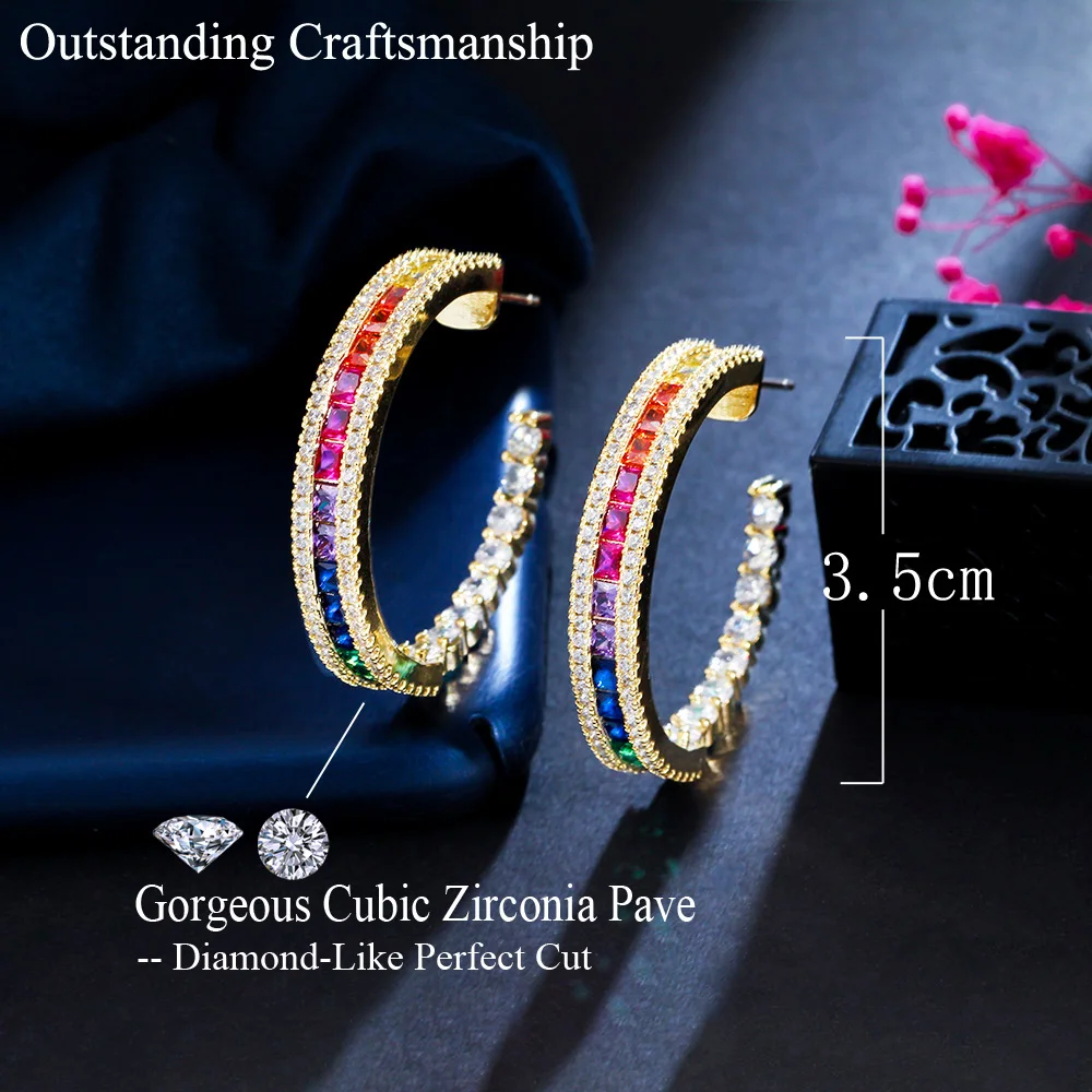 CWWZircons Trendige Bunte Regenbogen-Kubikzirkonia Große Goldfarbene Runde Creolen für Frauen Boho Alltag Party Schmuck E0813 – Detail 1