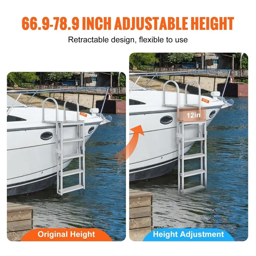 Dock Ladder, Retractable 5 Steps, 350 lbs Load Capacity, Aluminum Alloy Pontoon Boat Ladder with 66.9``-78.9`` Adjustable