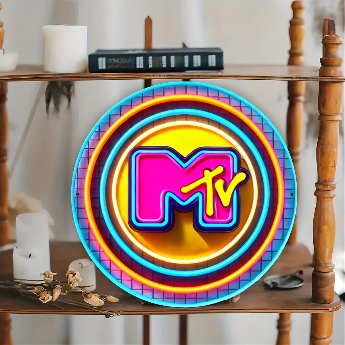 1pc MTV Neon Sign, Vintage Metal Round Aluminum Plaque, 19.81x19.81cm, Wall Art Decor, Retro Garage Wall Decor, Restaurant Decor - view 5