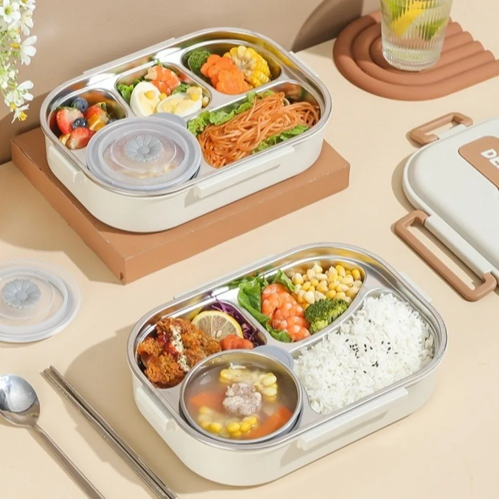 Leakproof Stainless Steel Lunch Box Cartoon Microwave Safe 4 Grids Lunch Box with A Spoon and Chopsticks Portable
