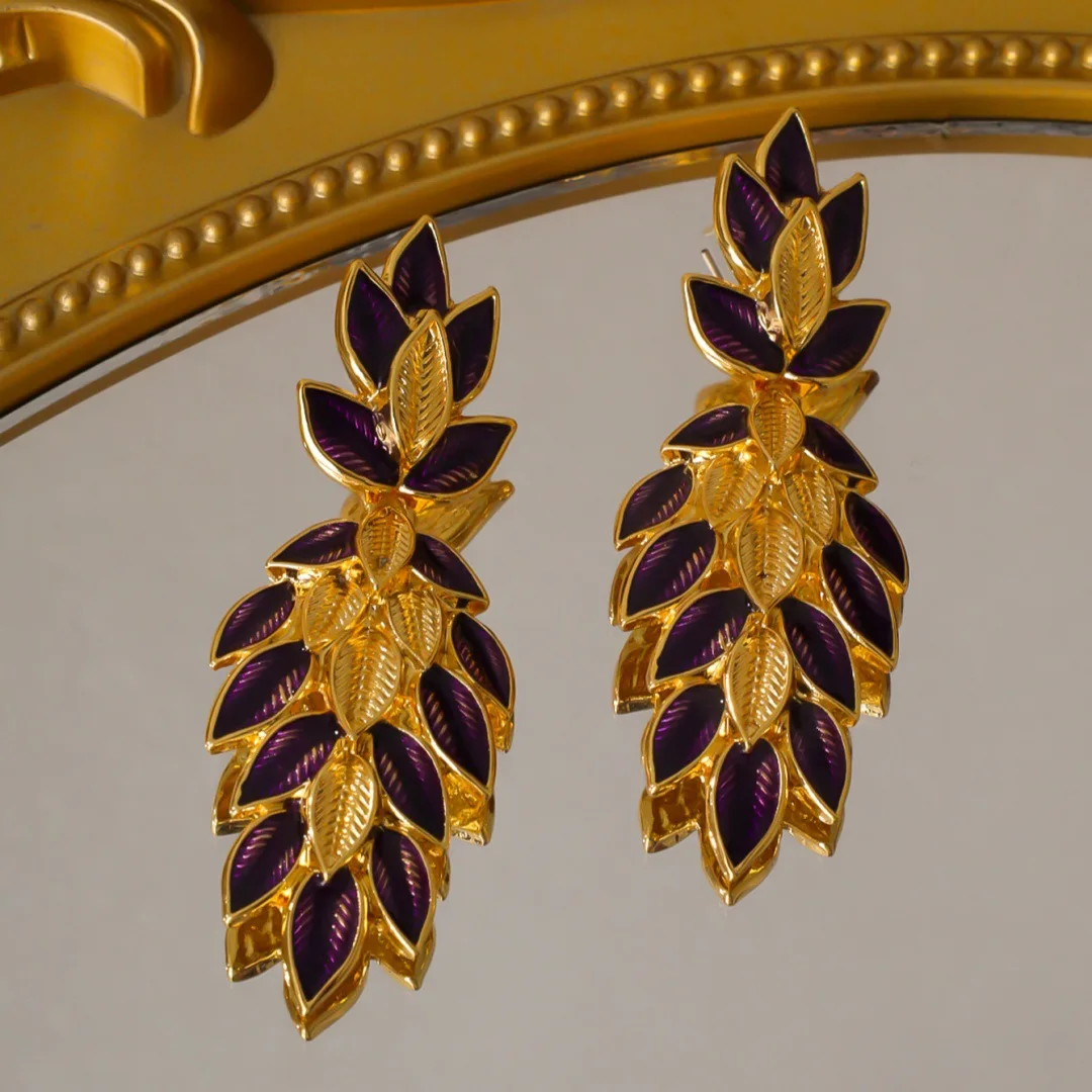 

Винтажные антикварные длинные фиолетовые эмалированные серебряные серьги-иглы в стиле вестерн, серьги с кисточками из пшеницы, нишевый дизайн