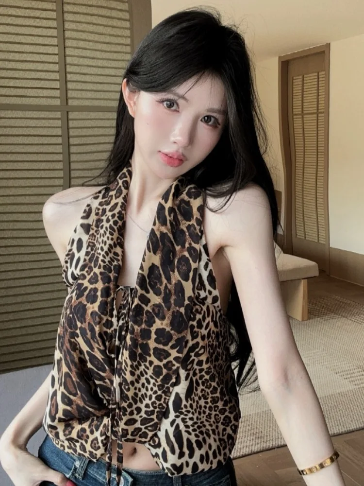 Retro Street Style Leopard Print Halter Vest Women's Summer New Design Sensation Outerwear Hot Girl Backless Top