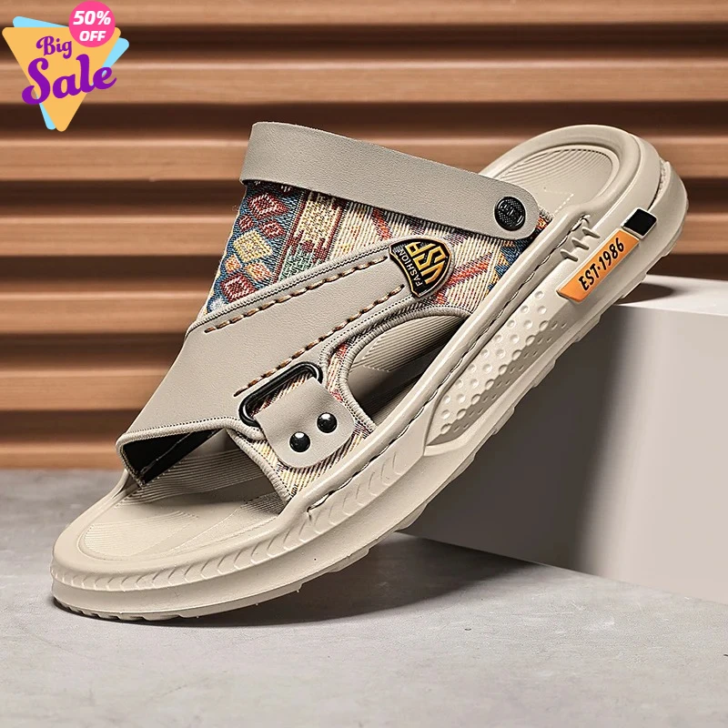 

Мужские пляжные тапочки из канваса, летние новинки 2025 года, повседневная мужская обувь на плоской подошве, модные нескользящие тапочки для ванной, трендовые мужские туфли