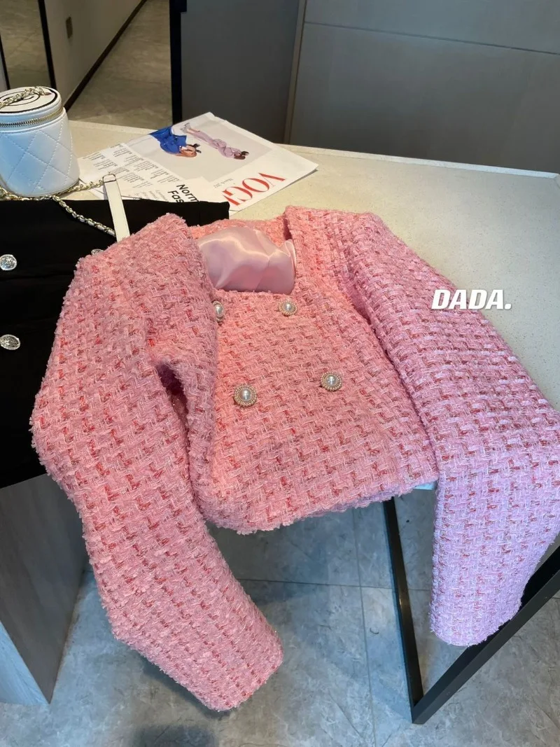 Pearl Buckle Shiny Silk Double Breasted Temperament Small Fragrant Style Pink Tweed Jackets Clothes Square Coat Cropped Top