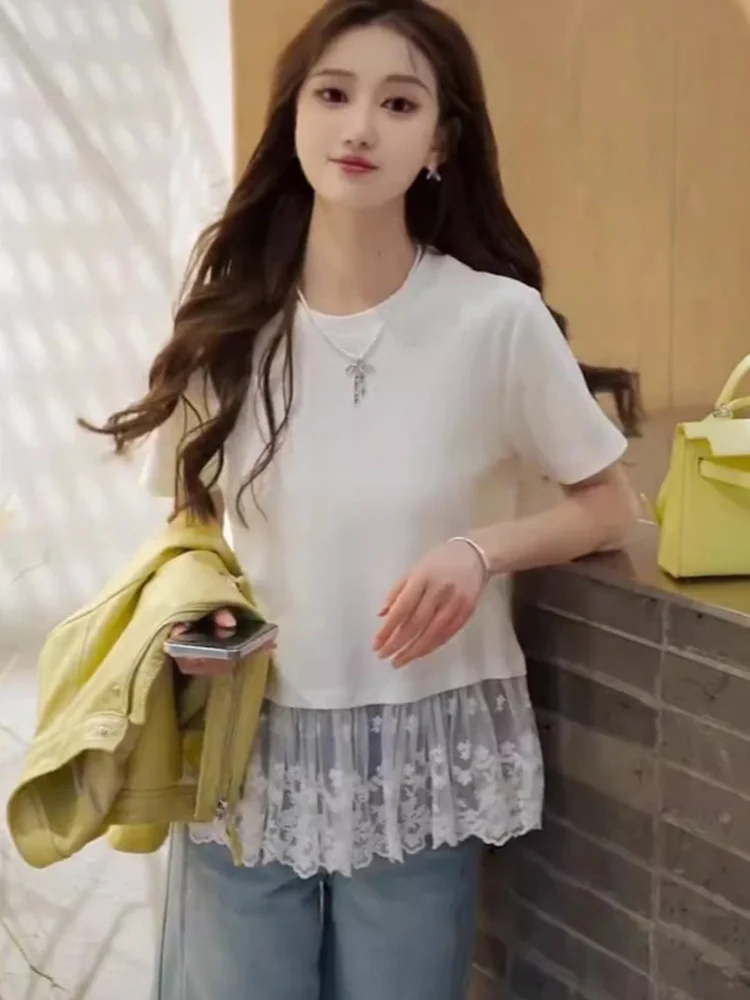 

Модная женская футболка с коротким рукавом и круглым вырезом, с кружевными вставками, в корейском стиле, прямого кроя, из шелка
