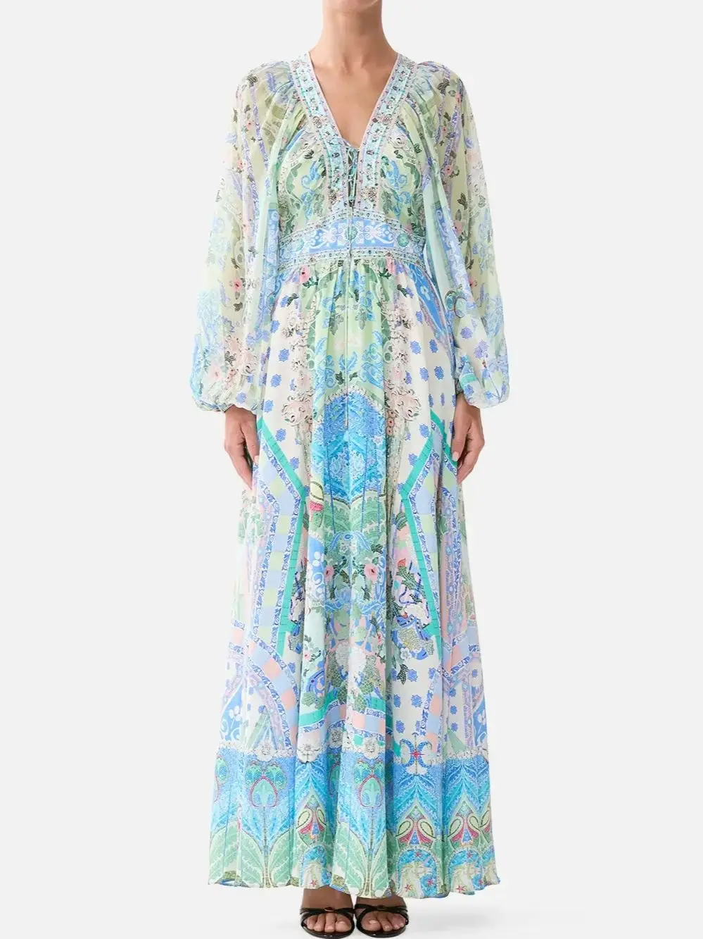 

2026 Women's Retro Print Maxi Dress Crystal Beaded V-Neck Elastic Waist Lantern Sleeve Loose 100% Silk Dresses