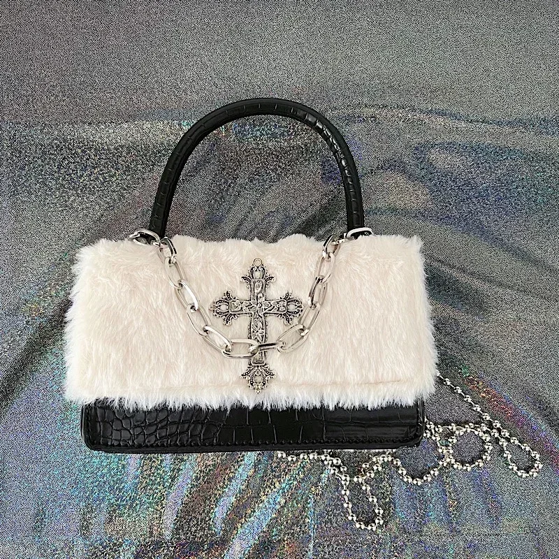 

Y2k Gothic Handbag for Women Soft Plush Cross Applique Chain Shoulder Bag Hot Girls Hip Hop American Style Crossbody Bag