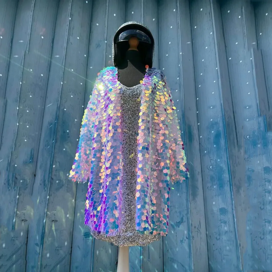 

Luxury Iridescent Sequined Jacket Wedding Wrap with Sleeves Blouse Sequins Sparkling Women Jackets Midi Length