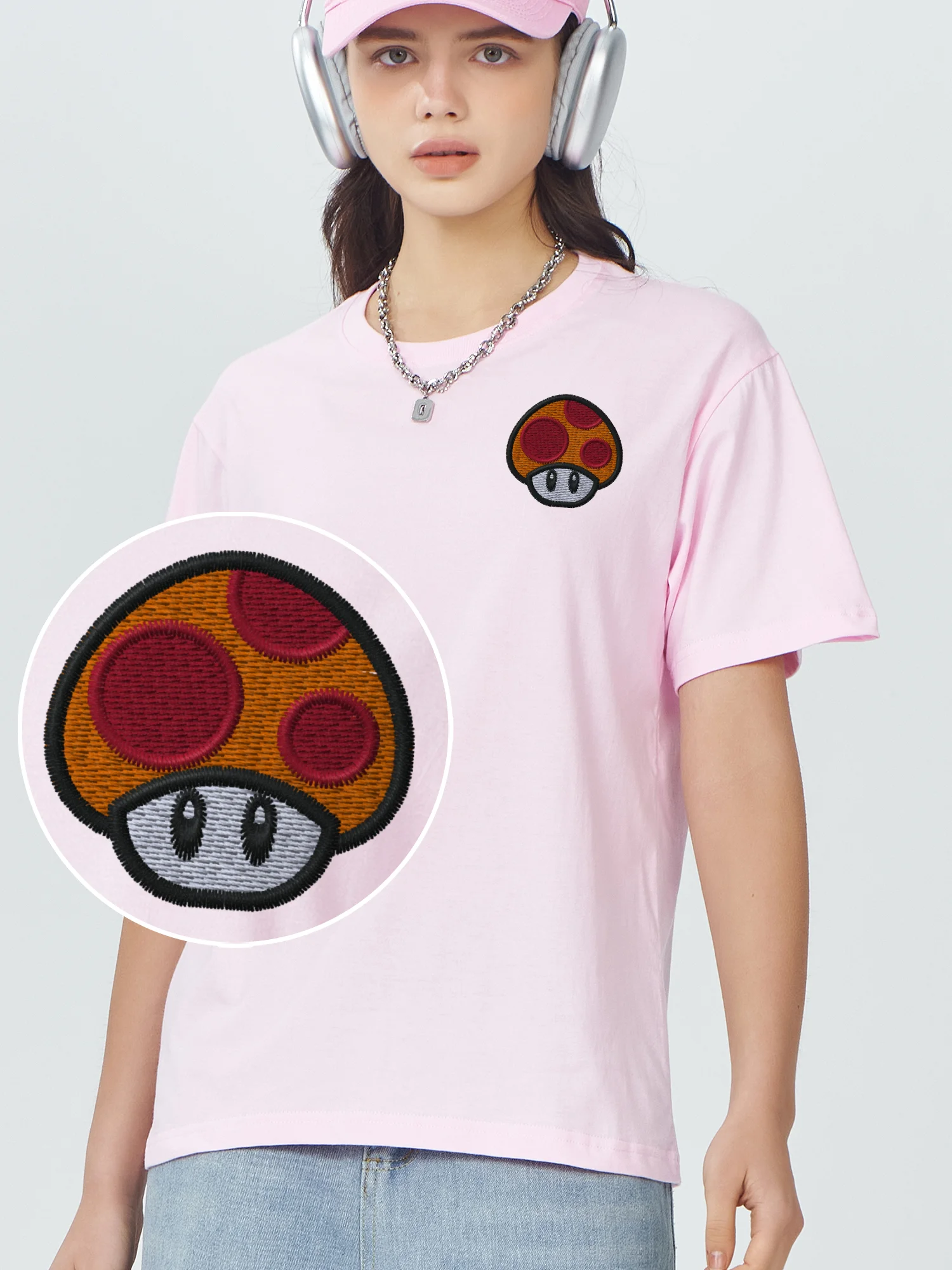 

Kawaii Mushroom Embroidered Tee Shirt Luxury Designer Mans 100% Cotton Embroidery T-Shirts Mushroom Men Fashion Clothing Shirt