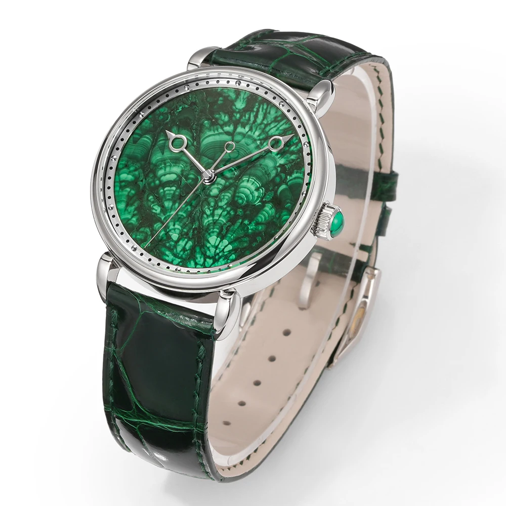 HUASUO Luxury Custom 41mm Natural Malachite Dial Men\'s Mechanical Watch 5Bar Waterproof Sapphire Crystal Crocodile Leather Strap