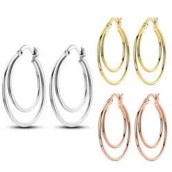925 Sterling Silver Big Bicyclic Ring Hoop Earrings Golden Color Rose Gold Geometry Simple Jewelry Women Girl Evening Party Gift