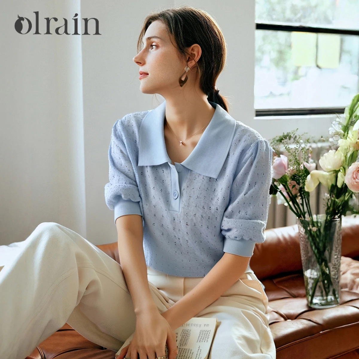 

OLrain Ladies Short Sleeve Knitted Jumper Women's Summer Knit Tops Female Knitwear 2025 Blue Polo Neck Woman Clothes O57XZ99026