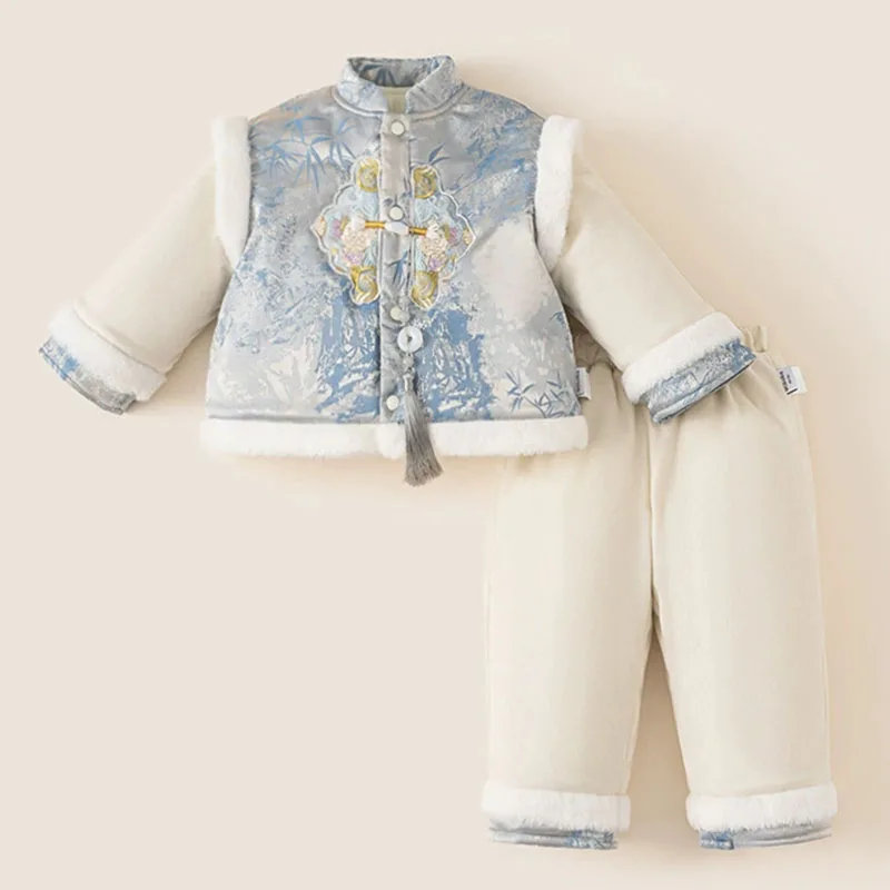 

Комплект из 2 предметов: зимняя детская одежда для мальчиков, китайский стиль, вышивка, теплые толстые топы и брюки, роскошная детская одежда B359