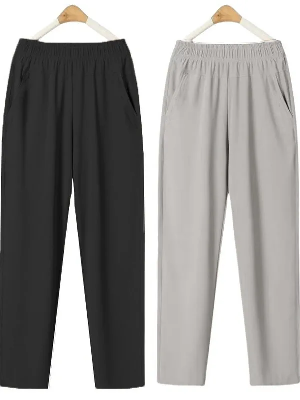 

Летние тонкие прямые брюки из ледяного шелка для женщин, свободного кроя, с высокой талией, эластичным поясом, больших размеров, длина 7/8