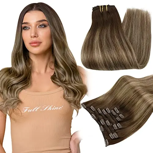Full Shine Clip-in-Haarverlängerungen, Echthaar-Clip, Balayage, 7 Stück, 120 g, Doppelschuss-Haarverlängerungen, Echthaar für Damen