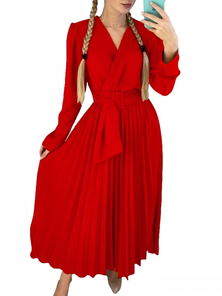 African Dresses For Women Autumn Fashion New V-neck Elegant High Waist Pleated Dress Nigeria African Clothes Robe Africaine