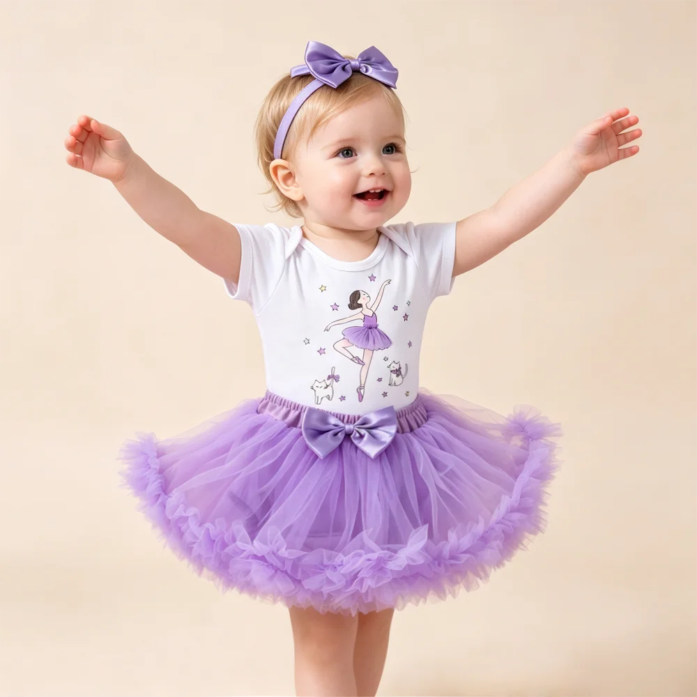 Baby Girl 3Pcs Outfit Set Ballet Dancer Print Short Sleeve Romper Tulle Tutu Skirt Bow Headband Toddler Party Birthday Clothes