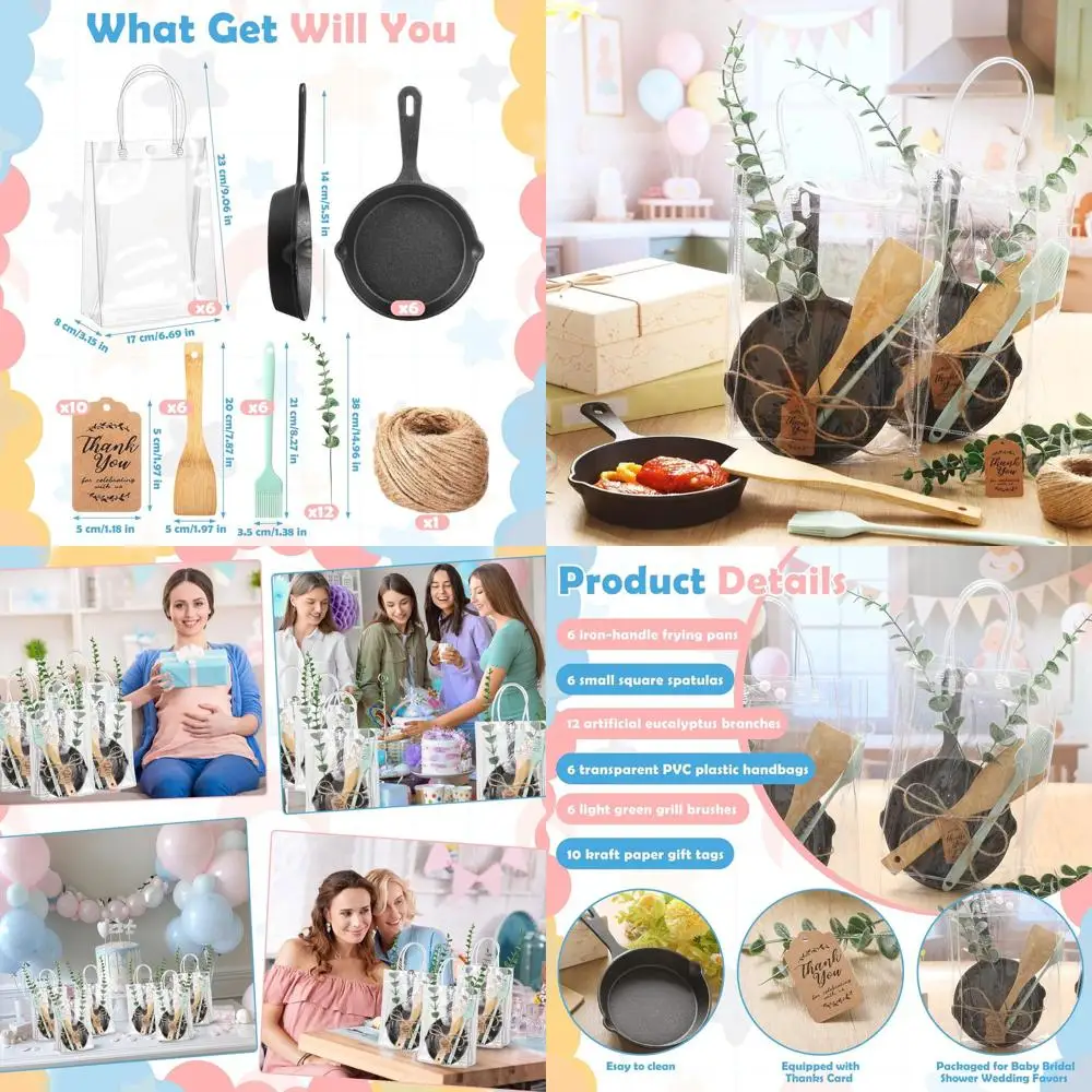 

47-Piece Baby Shower Prize Set: 6 Cast Iron Skillet, Eucalyptus Stems, Spreaders, Cards & Gift Bags