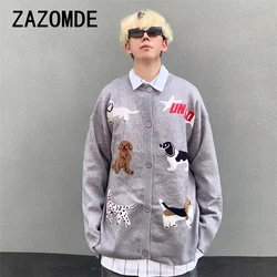 ZAZOMDE Autumn Couple Knitwear Cartoon Dog Sweater Winter New Cute Knitted Button Sweater Coat High Street Clothing Daily Tops