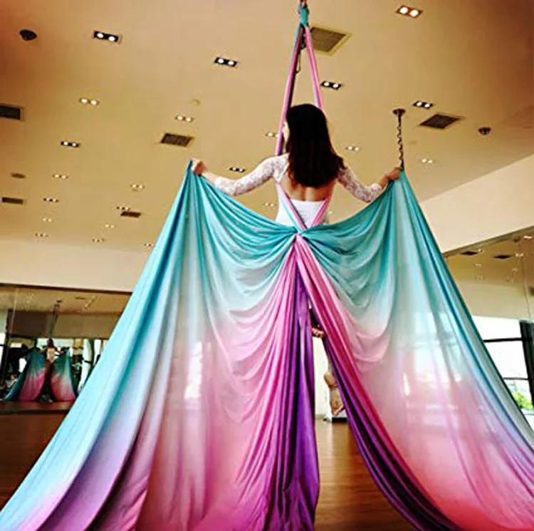 5m Iridescent Aerial Yoga Hammock Rainbow Silk Fabric Breathable Soft Anti-Gravity Stretch Swing for Dance Gymnastics